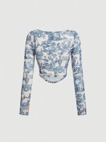 SHEIN MOD 山水圖案弧形下擺短款T恤 - 彩色 - 查看 2