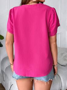 SHEIN Unity Plus Notched Neckline Petal Sleeve Blouse - Hot Pink - View 2