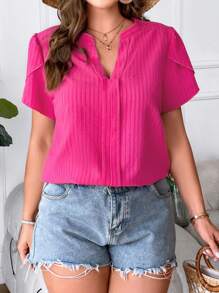 SHEIN Unity Plus Notched Neckline Petal Sleeve Blouse - Hot Pink - View 3