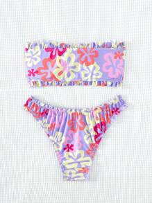 Swim Mod Summer Beach Floral Print Frill Trim Knot Front Bandeau Bikini Set - Purple - View 2