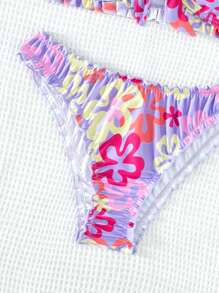 Swim Mod Summer Beach Floral Print Frill Trim Knot Front Bandeau Bikini Set - Purple - View 5