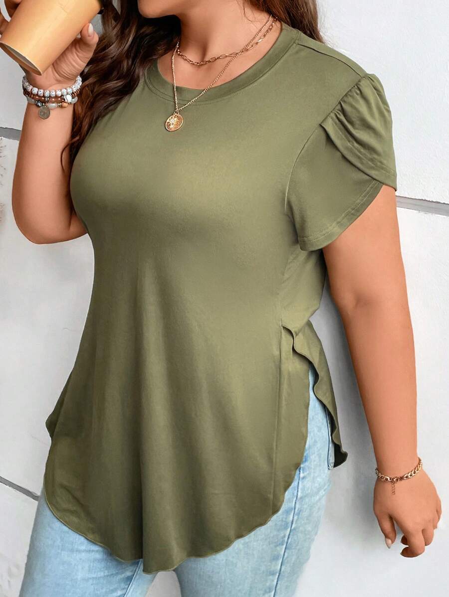 SHEIN Clasi Plus Petal Sleeve Curved Hem Tee - Army Green - View 1