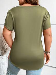 SHEIN Clasi Plus Petal Sleeve Curved Hem Tee - Army Green - View 2