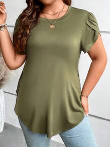 SHEIN Clasi Plus Petal Sleeve Curved Hem Tee - Army Green - View 3