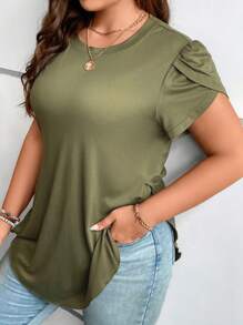 SHEIN Clasi Plus Petal Sleeve Curved Hem Tee - Army Green - View 6