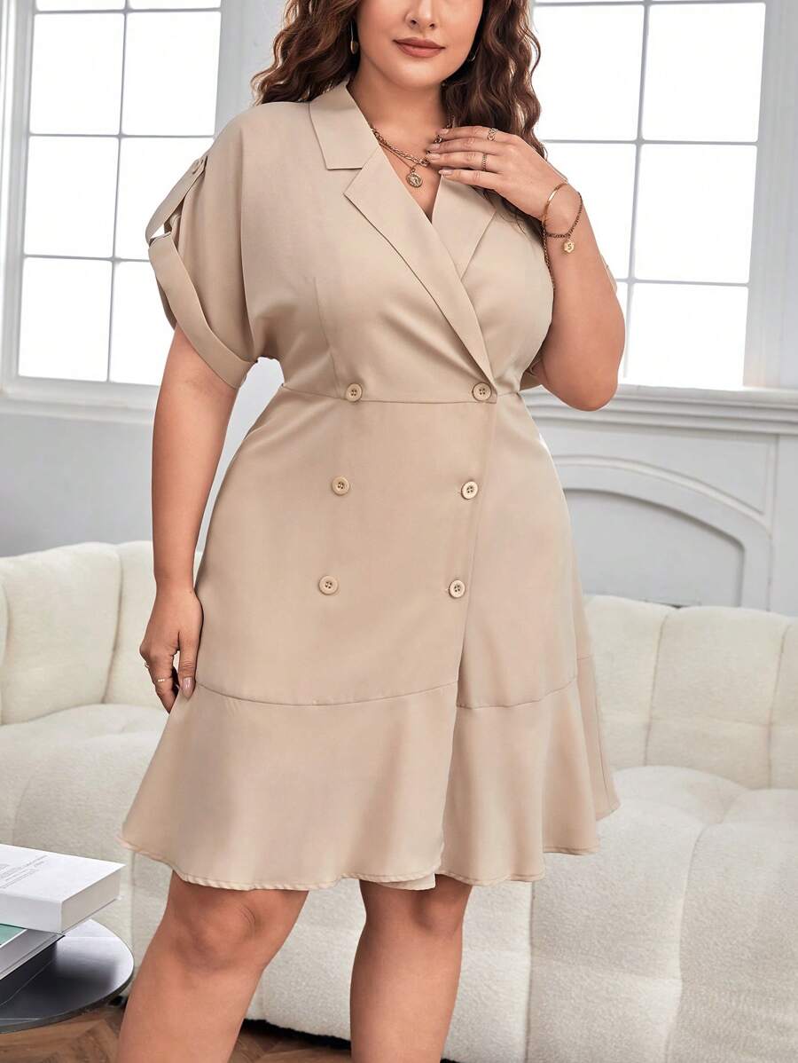 SHEIN Privé Plus Lapel Neck Double Breasted Ruffle Hem Dress - Khaki - View 1