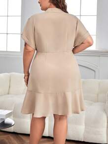 SHEIN Privé Plus Lapel Neck Double Breasted Ruffle Hem Dress - Khaki - View 2