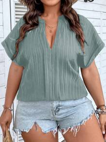 SHEIN Franclia 大碼缺口領蝙蝠袖襯衫 - 灰色 - 查看 3