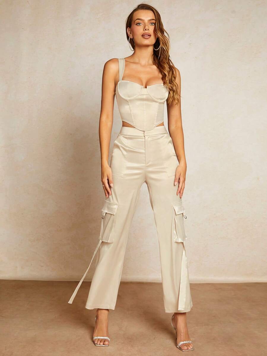 SHEIN BAE Flap Pocket Side Cargo Trousers - Apricot - View 1