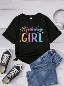 Teen Girls Letter Graphic Drop Shoulder Tee - Black - View 1