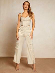 SHEIN BAE Solid Bustier Wide Straps Top - Beige - View 6