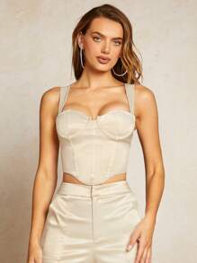 SHEIN BAE Solid Bustier Wide Straps Top - Beige - View 8