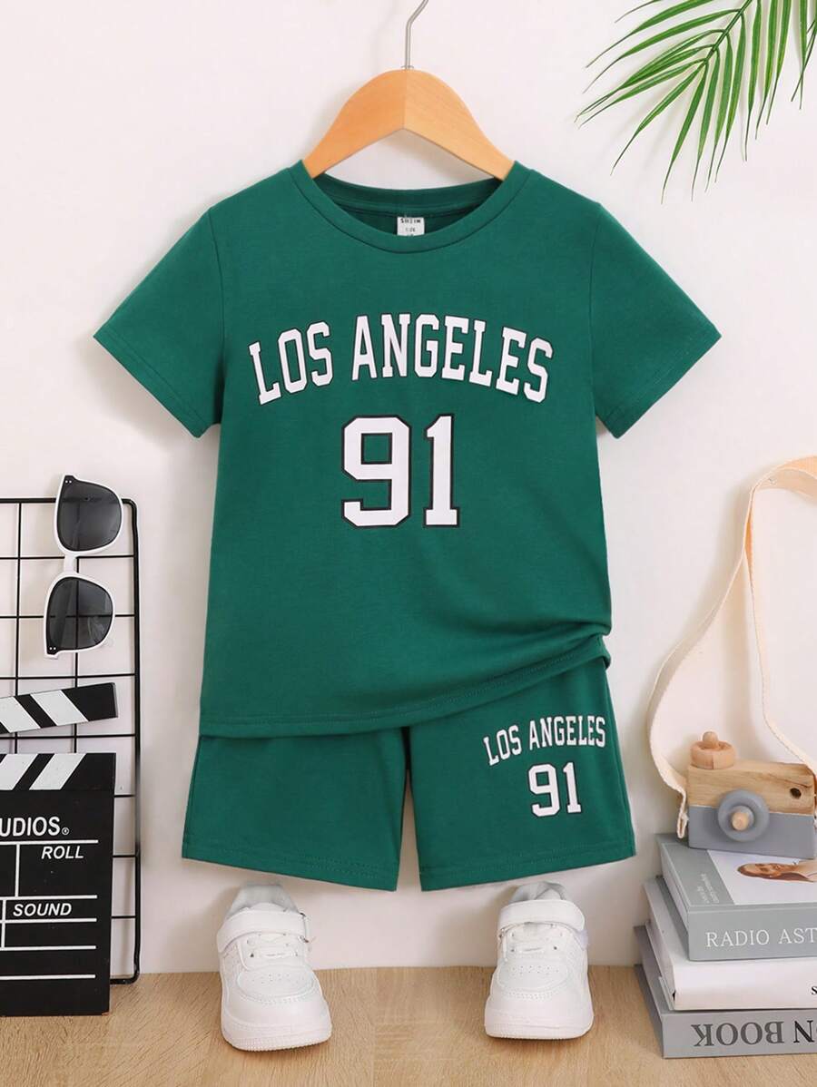 SHEIN 小男童字母圖案T恤和短褲 - 綠色 - 查看 1