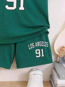 SHEIN 小男童字母圖案T恤和短褲 - 綠色 - 查看 3