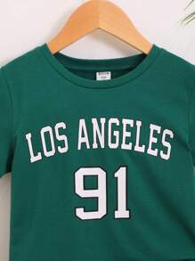 SHEIN 小男童字母圖案T恤和短褲 - 綠色 - 查看 4