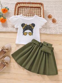 SHEIN 小女童人像圖案T恤和裙子和腰包 - 彩色 - 查看 1