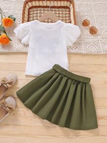 SHEIN 小女童人像圖案T恤和裙子和腰包 - 彩色 - 查看 2