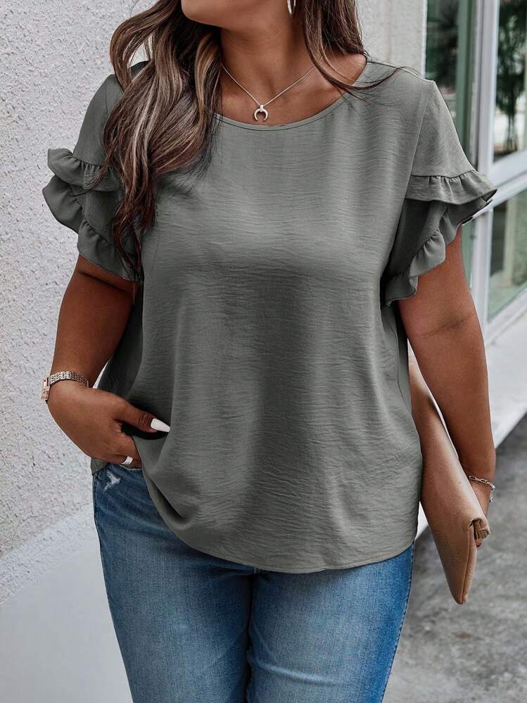 EMERY ROSE Plus Ruffle Trim Petal Sleeve Blouse - Grey - View 3