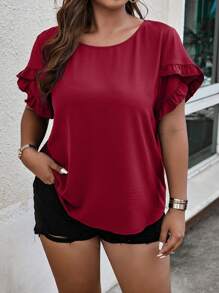 EMERY ROSE Plus Ruffle Trim Petal Sleeve Blouse - Burgundy - View 1