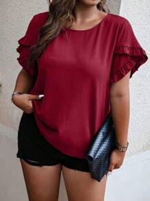 EMERY ROSE Plus Ruffle Trim Petal Sleeve Blouse - Burgundy - View 5