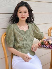 DAZY 花卉蕾絲泡泡袖前紐扣襯衫 - 綠色 - 查看 3