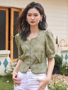 DAZY 花卉蕾絲泡泡袖前紐扣襯衫 - 綠色 - 查看 4