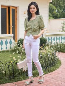 DAZY 花卉蕾絲泡泡袖前紐扣襯衫 - 綠色 - 查看 5