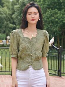 DAZY 花卉蕾絲泡泡袖前紐扣襯衫 - 綠色 - 查看 13