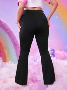 ROMWE X Care Bears 加大號卡通圖形打結腰彈性喇叭褲 - 黑色 - 查看 2