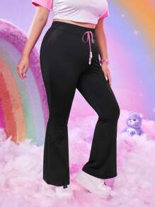 ROMWE X Care Bears 加大號卡通圖形打結腰彈性喇叭褲 - 黑色 - 查看 3