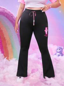 ROMWE X Care Bears 加大號卡通圖形打結腰彈性喇叭褲 - 黑色 - 查看 4