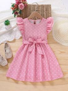 SHEIN 小女童波點圖案荷葉邊繫腰帶連衣裙 - 粉色 - 查看 1