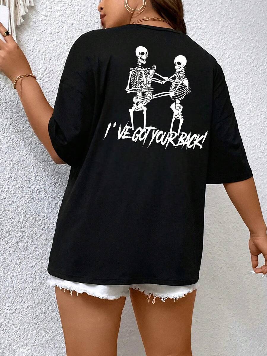 Flirla Plus Skull & Slogan Graphic Drop Shoulder Tee - Black - View 1