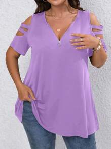 SHEIN LUNE Áo thun Plus size Cắt ra Nhẫn Dây kéo màu trơn Giải trí - Màu tím - Xem 1