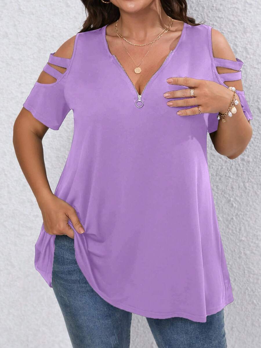 SHEIN LUNE Áo thun Plus size Cắt ra Nhẫn Dây kéo màu trơn Giải trí - Màu tím - Xem 1