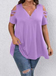 SHEIN LUNE Áo thun Plus size Cắt ra Nhẫn Dây kéo màu trơn Giải trí - Màu tím - Xem 3