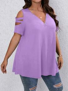 SHEIN LUNE Áo thun Plus size Cắt ra Nhẫn Dây kéo màu trơn Giải trí - Màu tím - Xem 5