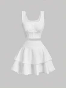 SHEIN MOD 素色前紐扣背心上衣和層疊下擺半身裙 - 白色 - 查看 1