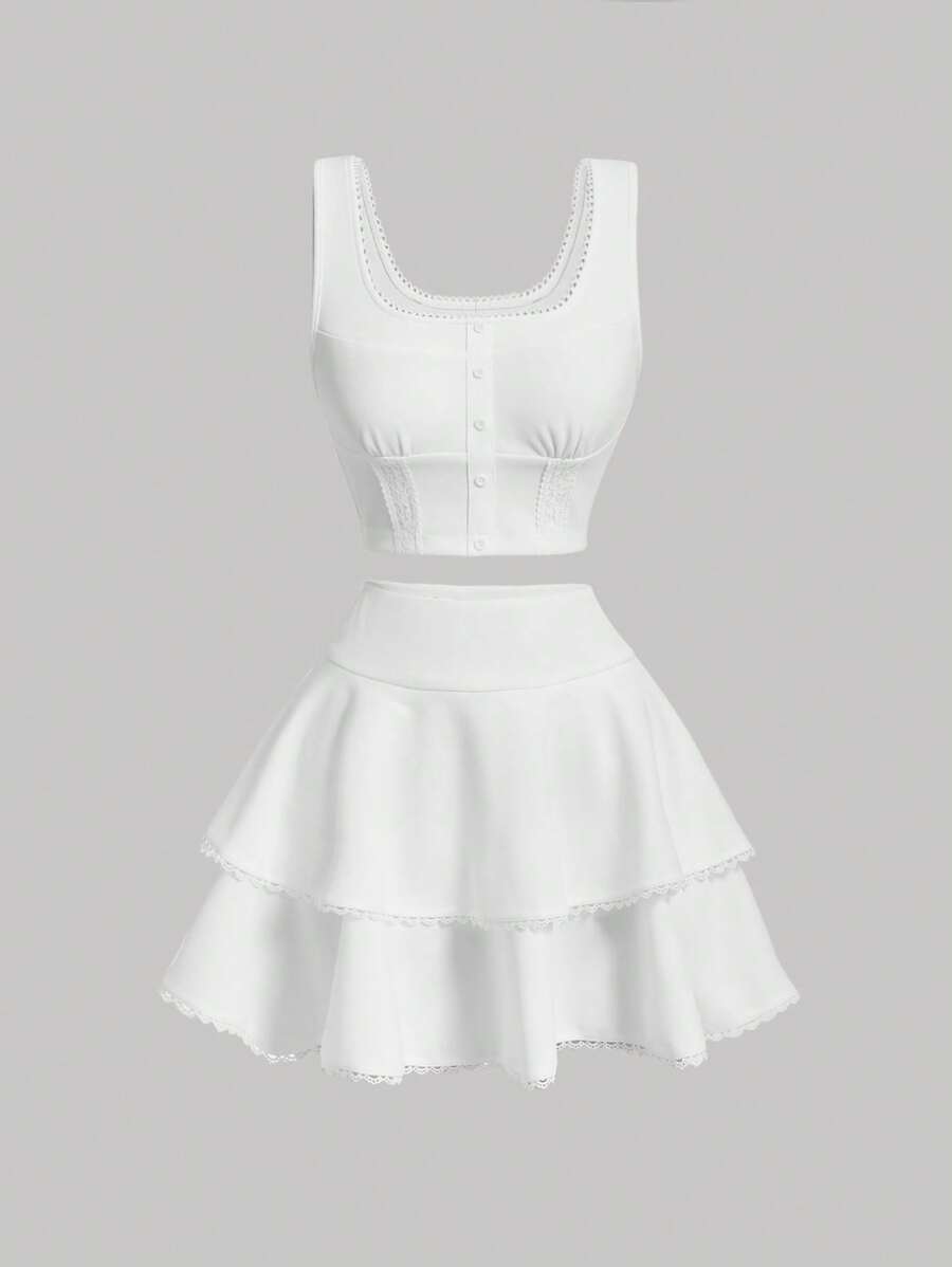 SHEIN MOD 素色前紐扣背心上衣和層疊下擺半身裙 - 白色 - 查看 1