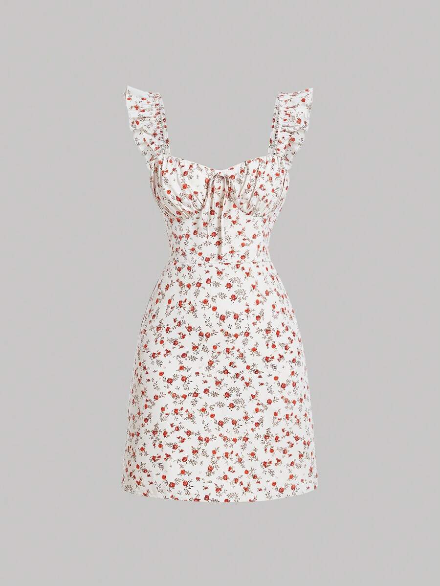 SHEIN MOD 碎花前繫帶荷葉邊連衣裙 - 彩色 - 查看 1