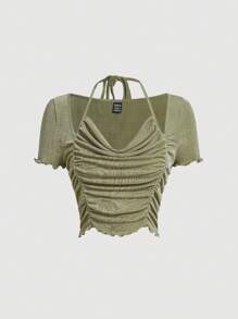 SHEIN MOD Áo thun nữ Xù Buộc lại Xù nhỏ màu trơn Giải trí - Màu xanh Ô liu - Xem 1