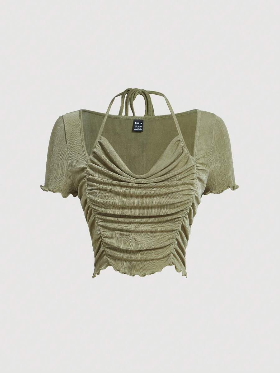 SHEIN MOD Áo thun nữ Xù Buộc lại Xù nhỏ màu trơn Giải trí - Màu xanh Ô liu - Xem 1