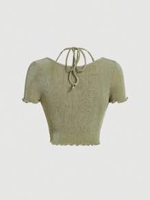 SHEIN MOD Áo thun nữ Xù Buộc lại Xù nhỏ màu trơn Giải trí - Màu xanh Ô liu - Xem 2