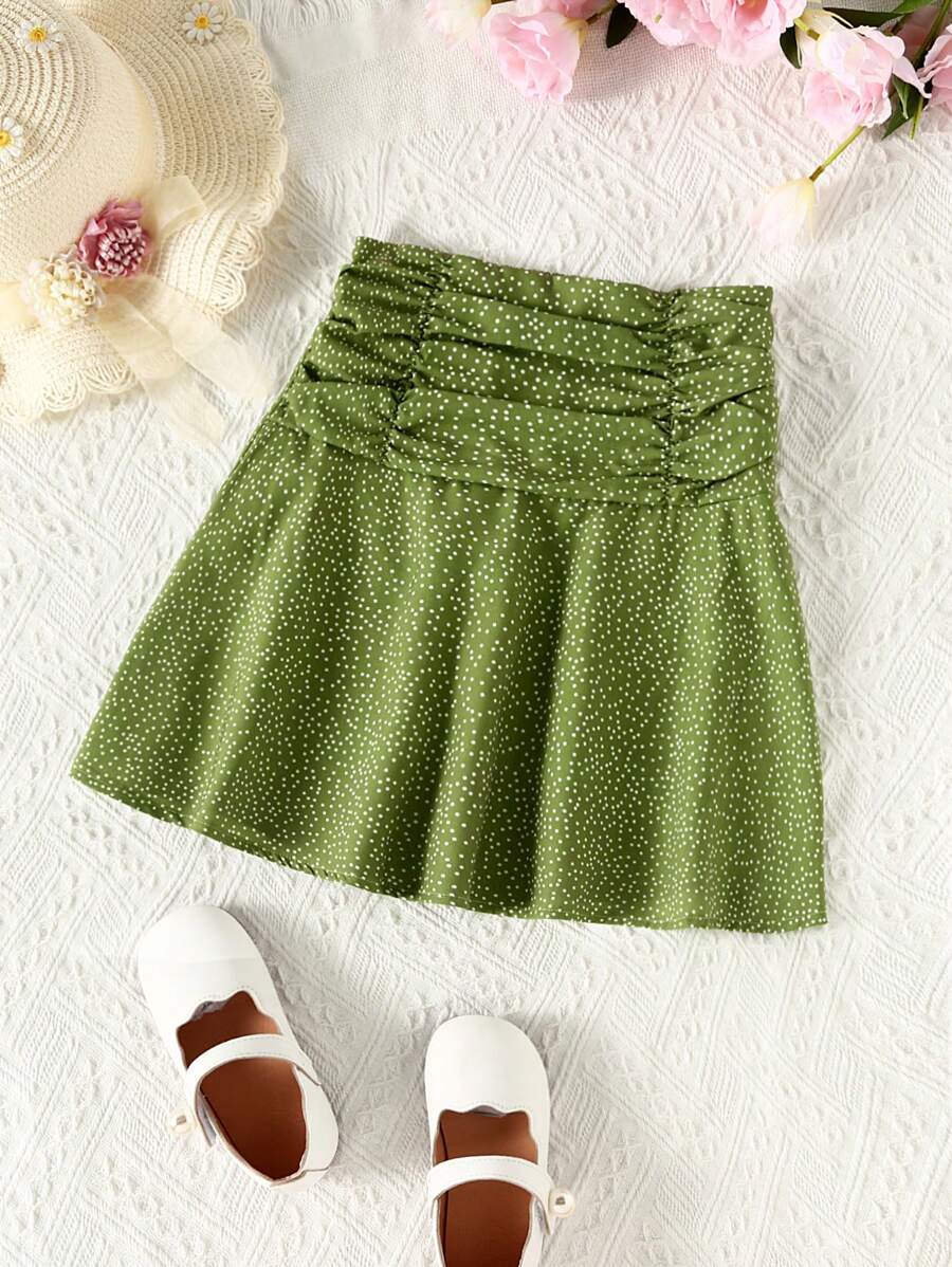小女童波卡圓點褶邊半身裙 - 綠色 - 查看 1