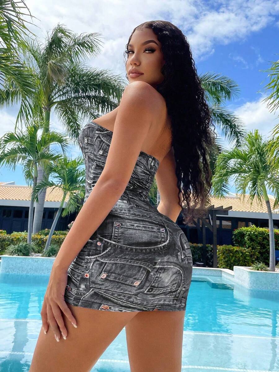 SHEIN SXY 滿版印花抹胸緊身洋裝 - 黑色 - 查看 1