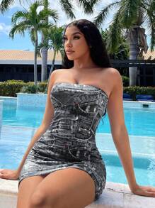 SHEIN SXY 滿版印花抹胸緊身洋裝 - 黑色 - 查看 6