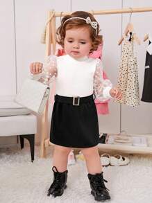 SHEIN 嬰兒女孩優雅針織心形配腰帶套裝,波點蕾絲蛋糕裙 - 黑與白 - 查看 6