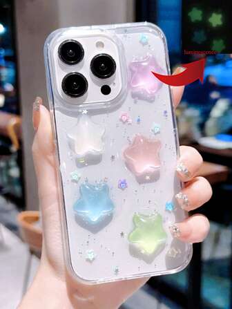 1pc Glow-In-The-Dark Colorful Star Transparent Cute Phone Case Suitable For IPhone 16, 17, 17 Air, 16e, 16 Pro Max, 15, 14, 13, 12, 11, 12 Mini, 11 Mini, 7, 8 Plus Phone Protective Cover