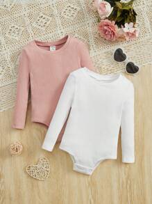 SHEIN 2pcs/Set Baby Girl Casual Knitted Solid Color Long Sleeve Bodysuit With Open Crotch - Multicolor - View 1