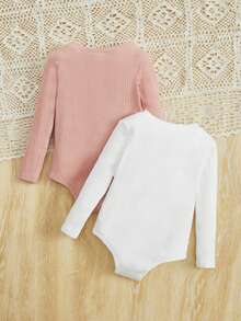 SHEIN 2pcs/Set Baby Girl Casual Knitted Solid Color Long Sleeve Bodysuit With Open Crotch - Multicolor - View 2